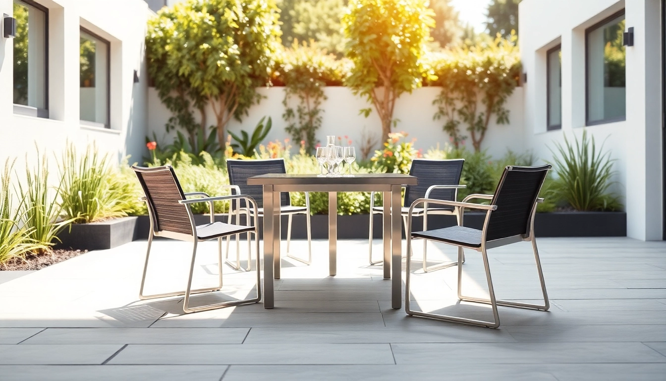 Showcasing sleek stainless steel furniture in a modern outdoor setting with vibrant garden.