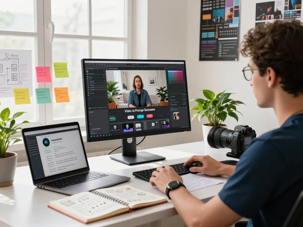 video to promptgenerator interface in a modern workspace with creative elements