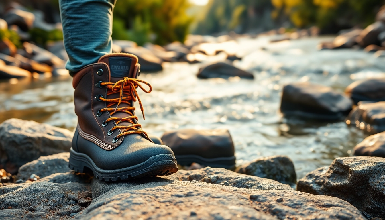 Sturdy fly fishing boots displayed prominently on a riverbank with natural scenery.