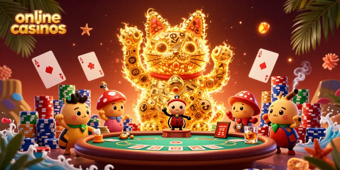 Engage with online casinos through vibrant cartoon illustration featuring dynamic gambling elements and a lucky cat.
