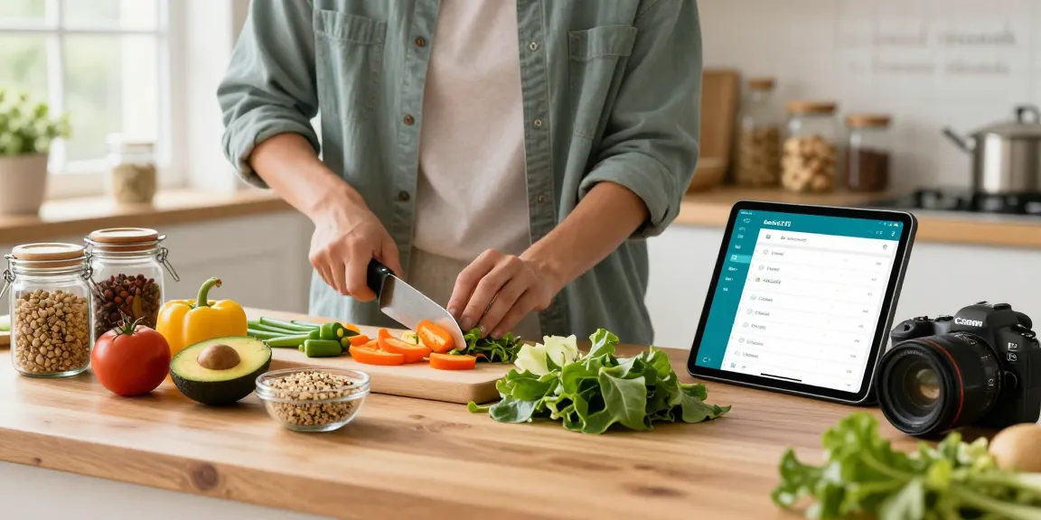 Creating balanced meals using the best calorie tracker app in a vibrant kitchen.