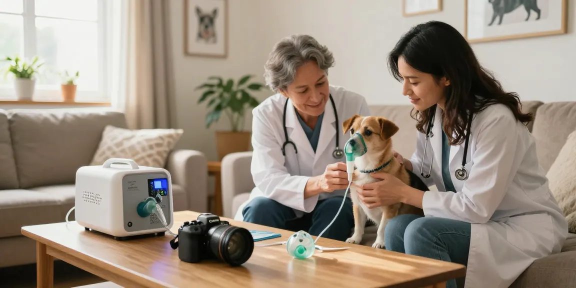 Compassionate pet owners learning about 寵物氧氣機租購資訊 in a cozy living room with a veterinarian.