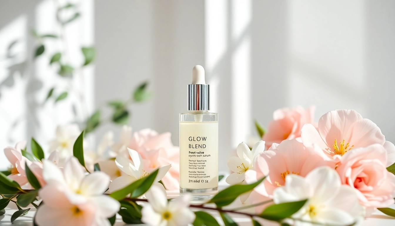 Showcase the Glow Blend serum amid elegant floral decorations in a bright studio setting.