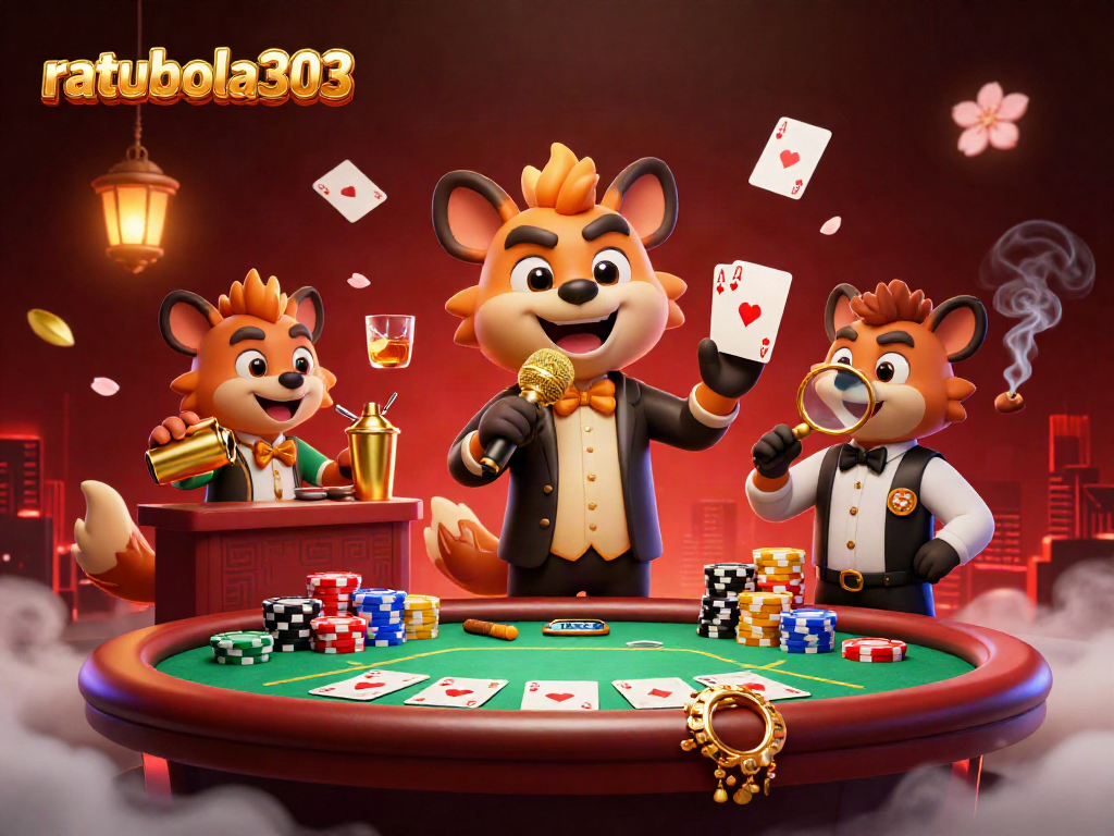 ratubola303 mempersembahkan ilustrasi kasino komedi dengan hyena, memikat pemain dengan aksi kasino dan suasana ceria.
