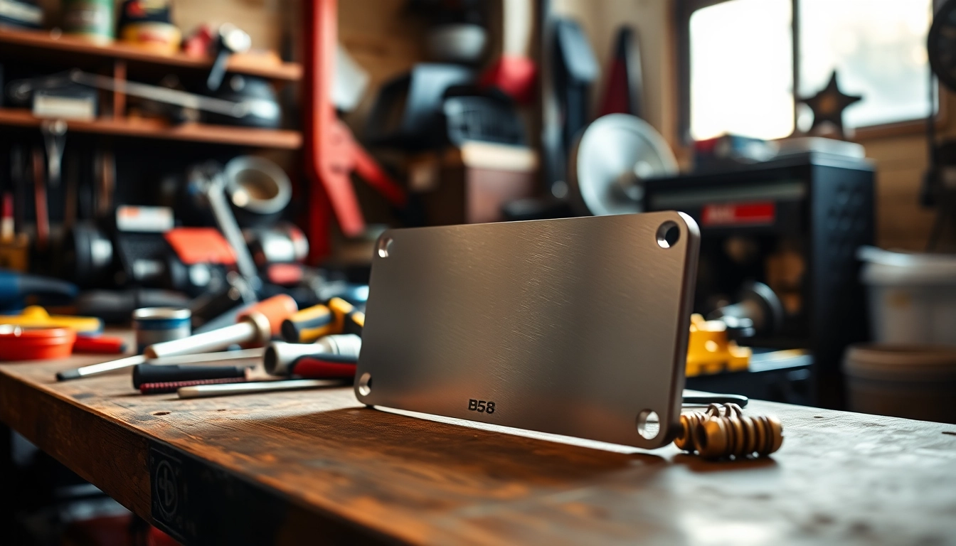 Inspecting a B58 Intake Block-Off Plate in a professional automotive workshop setting.