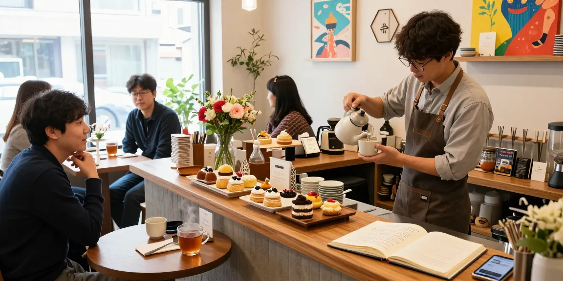 Korean-style café in Sangbongdong with a barista brewing tea, highlighting the warm atmosphere of 상봉동 한국관나이트.