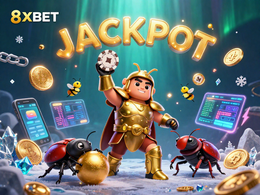 Engage with 8XBET's animated jackpot celebration featuring a victorious beetle character.
