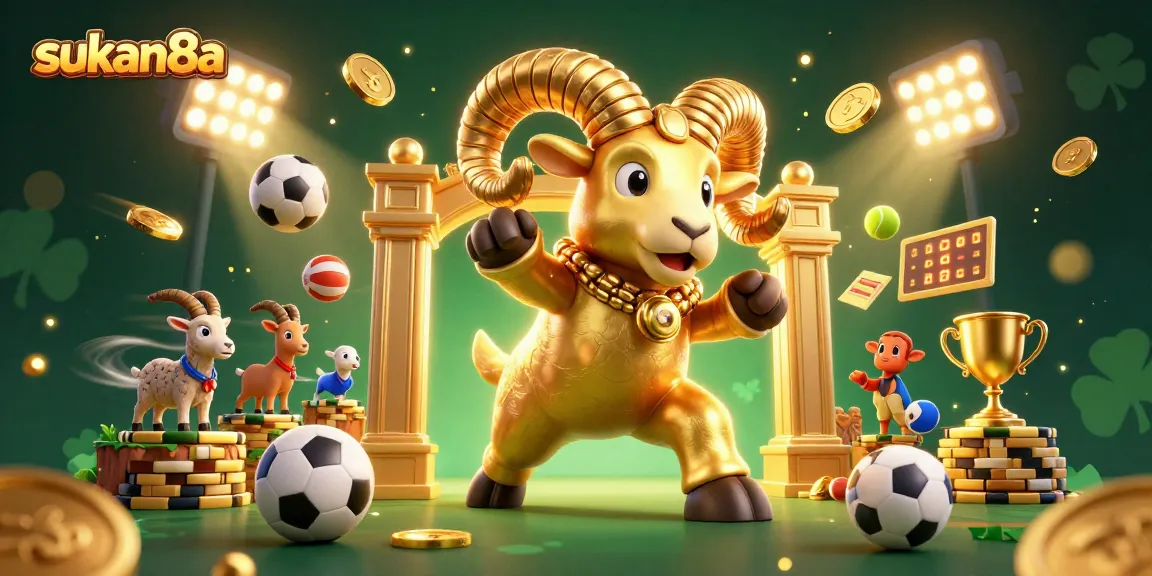 Sukan8a captivates with dynamic golden ram and sports elements in an action-packed casino scene.