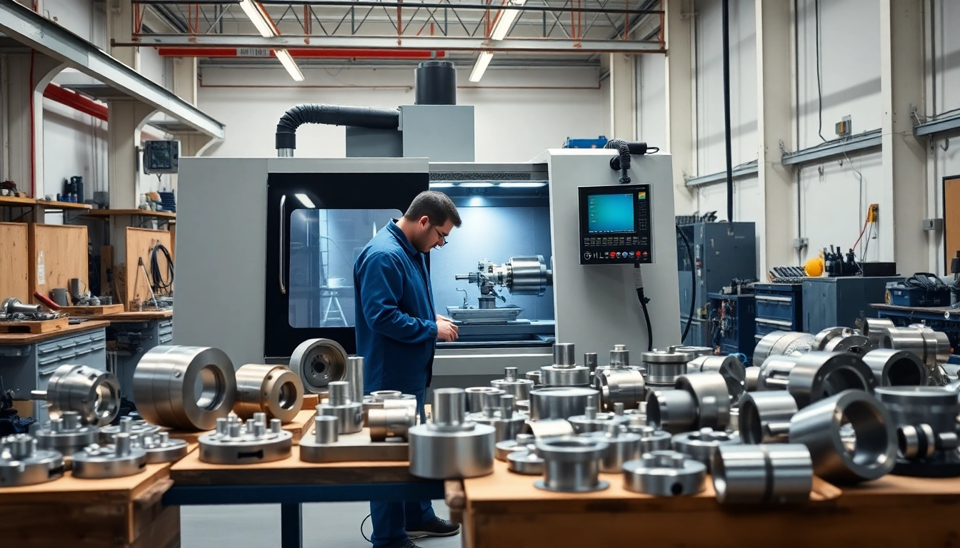 Custom part manufacturer workshop featuring a CNC lathe and precision parts in production