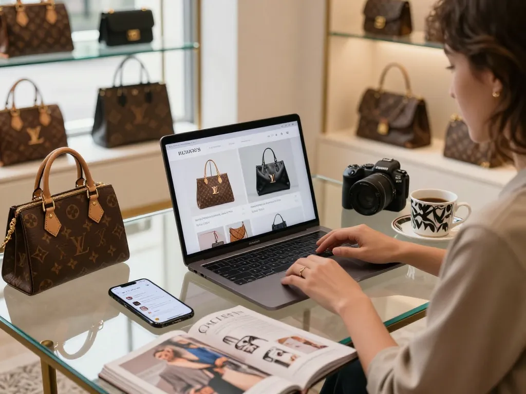 Shop high-quality 레플리카 handbags in a stylish e-commerce setting with modern decor.