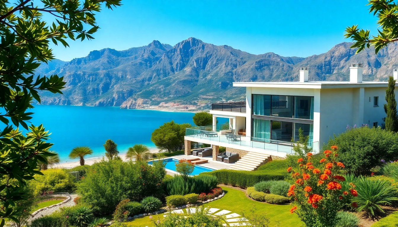Captivating view of Alanya Turkey homes for sale highlighting lush gardens and modern villa.