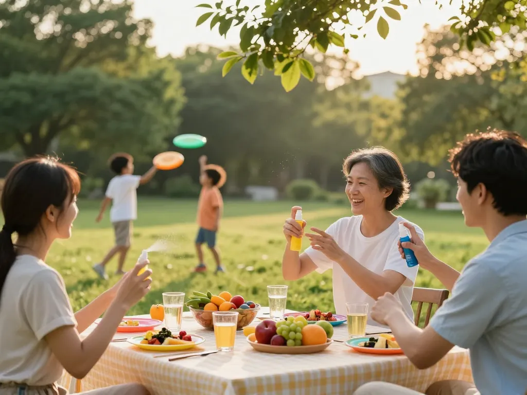 Family applying mosquito repellent while enjoying a summer picnic outdoors.