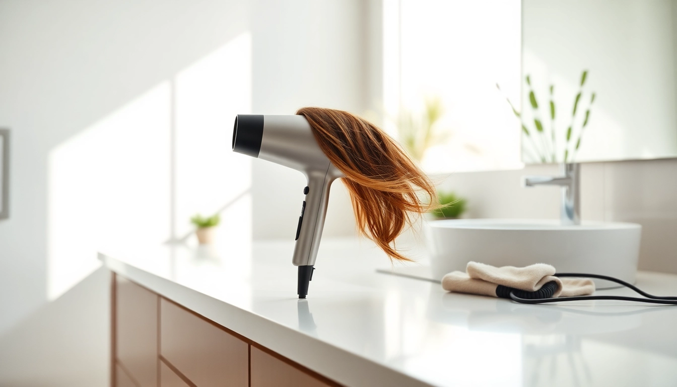Styling with a hair dryer for frizzy hair on a stylish bathroom counter.
