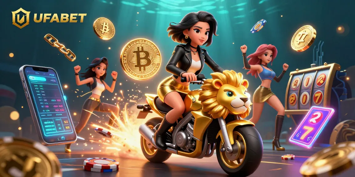 Experience the thrill of UFABET with a dynamic 3D casino scene featuring vibrant characters and game elements.