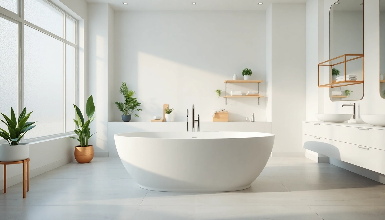 Relaxing elegant bathrooms showcasing a modern freestanding bathtub and stylish decor.