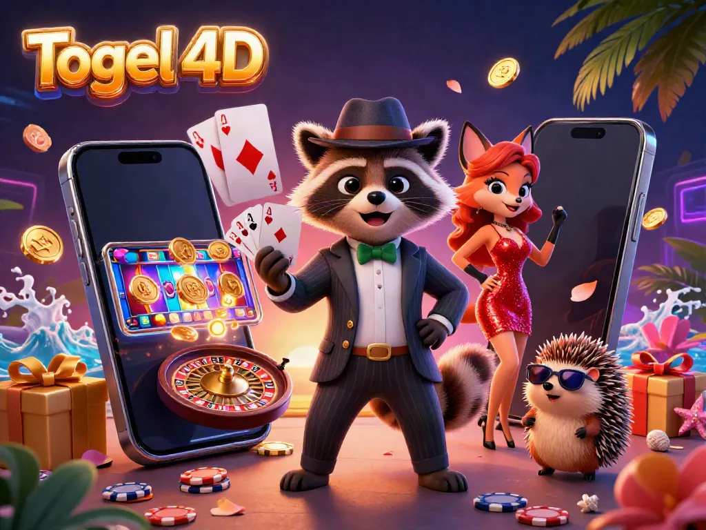 Ilustrasi Togel 4D yang menang dengan karakter lucu, simbol slot, dan suasana kasino pesta.