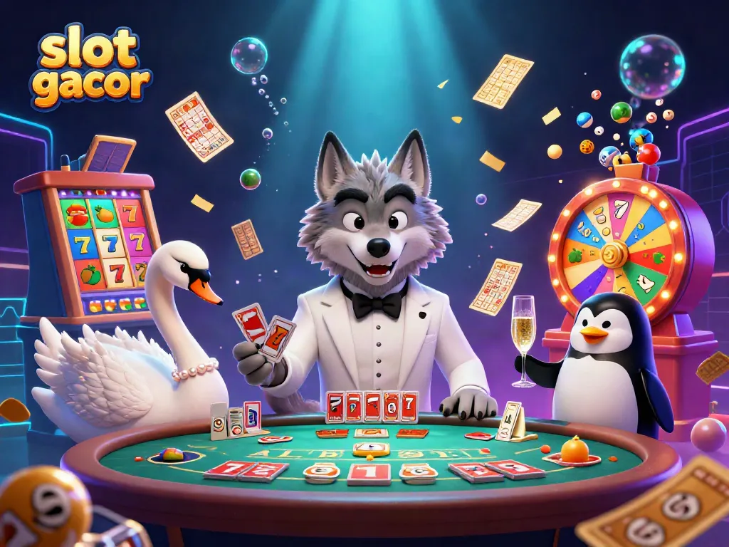 Slot gacor judi slot dengan serigala, angsa, dan penguin di meja baccarat penuh simbol dan jackpot.