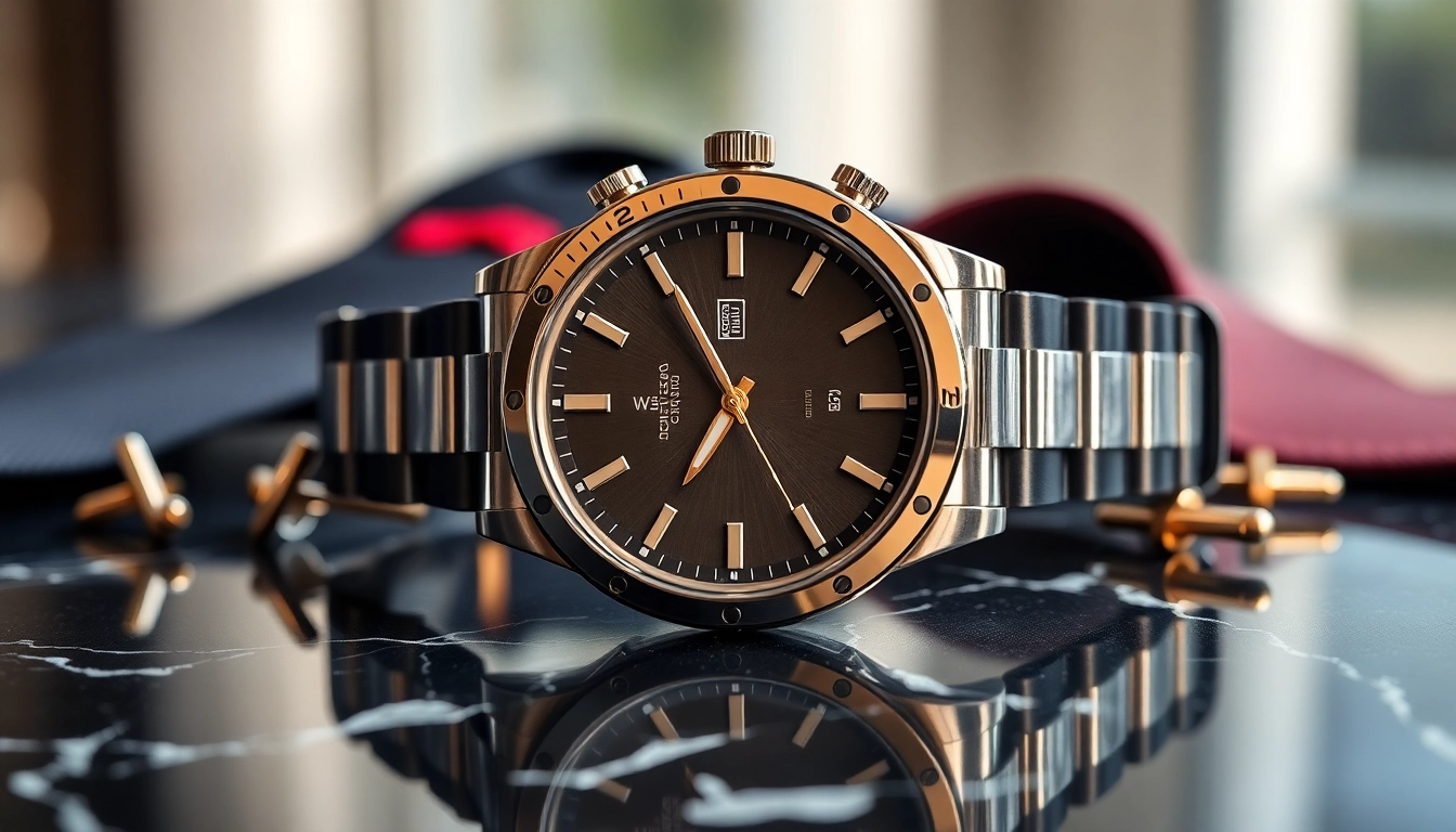 Showcase a stunning replica watch with intricate details on a marble surface with elegant accessories.
