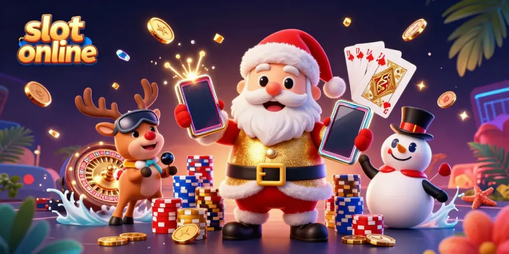 Experience the excitement of slot online with Santa Claus in a casino-themed vibrant illustration.