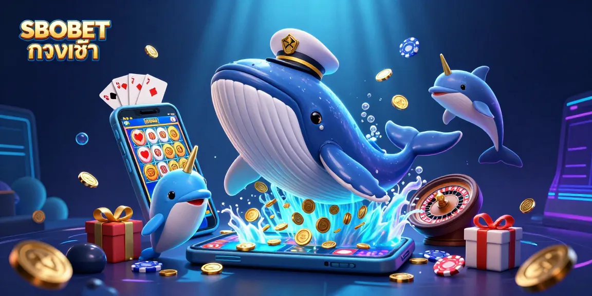 Experience SBOBET ทางเข้า with a lively scene of dolphins, a whale, and vibrant casino elements.