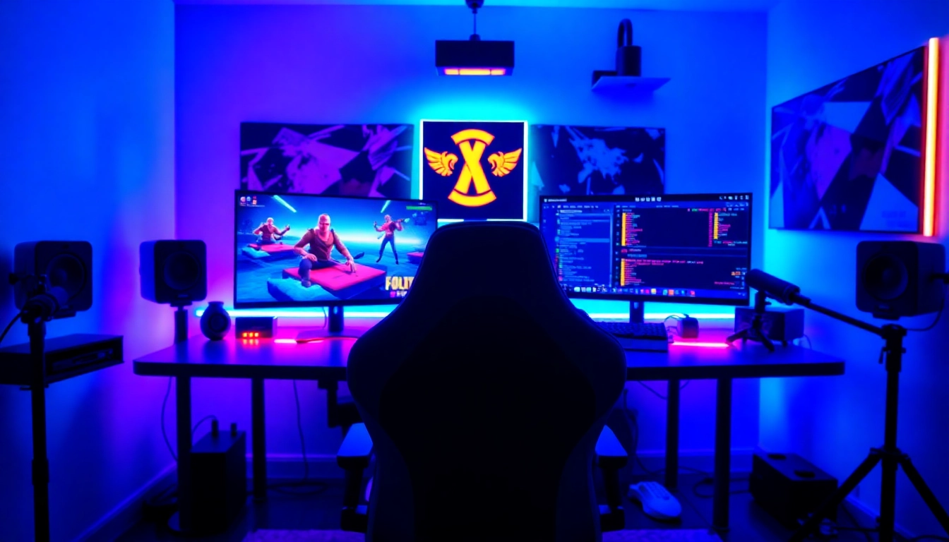 Experience the Best Fortnite script in an immersive gaming setup, featuring dual monitors and glowing RGB.