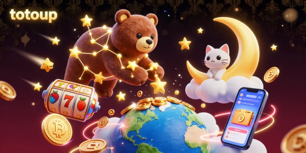 Engage with totoup in a vibrant casino scene, celebrating wins with animated coins, slot reels, and crypto elements.