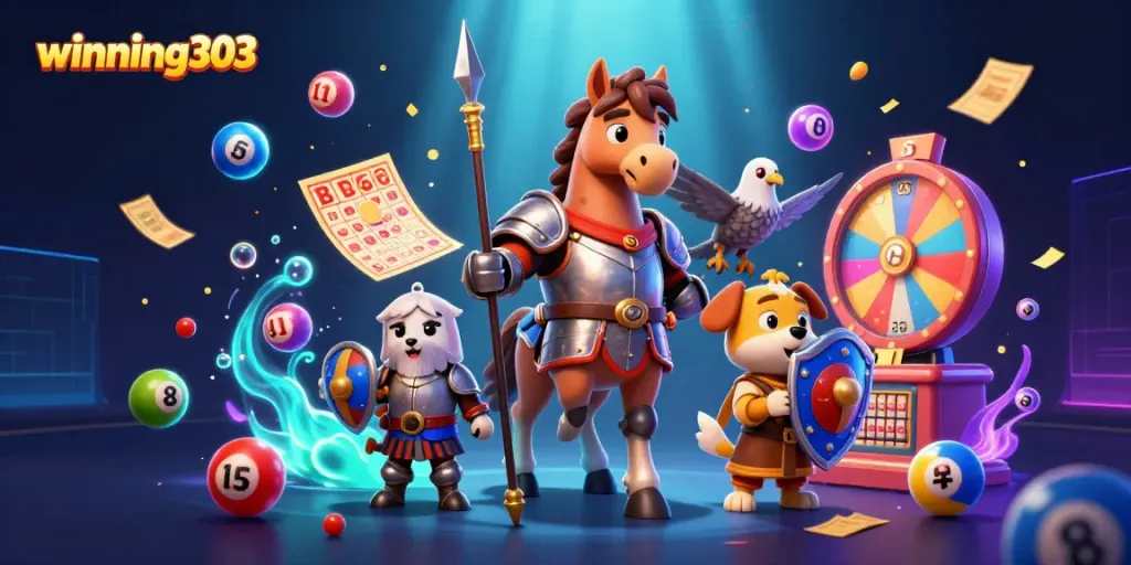 Winning303 showcases an exciting 3D scene with vibrant lottery elements and engaging characters.