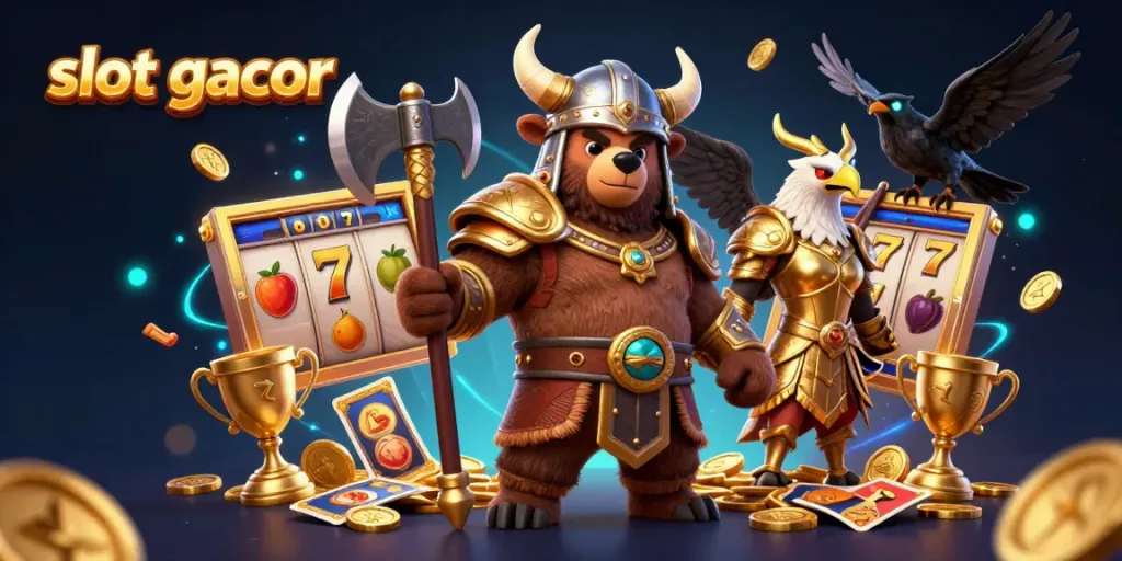 Experience slot gacor with a lively Viking bear and Valkyrie eagle in a dynamic casino setting.