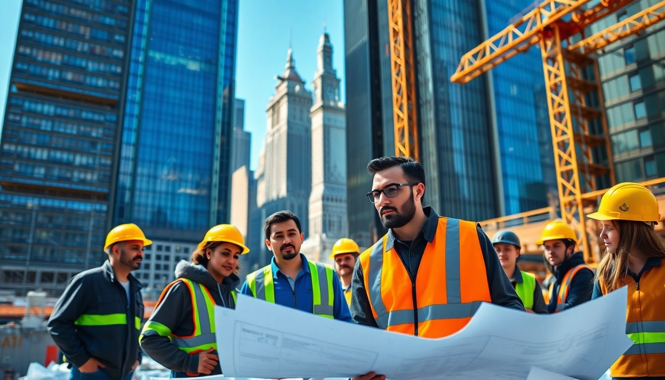 New York Construction Manager guiding a team on an urban construction site.