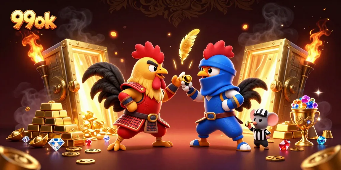 99ok fighting roosters depict excitement in gambling action, showcasing a dynamic casino interaction.