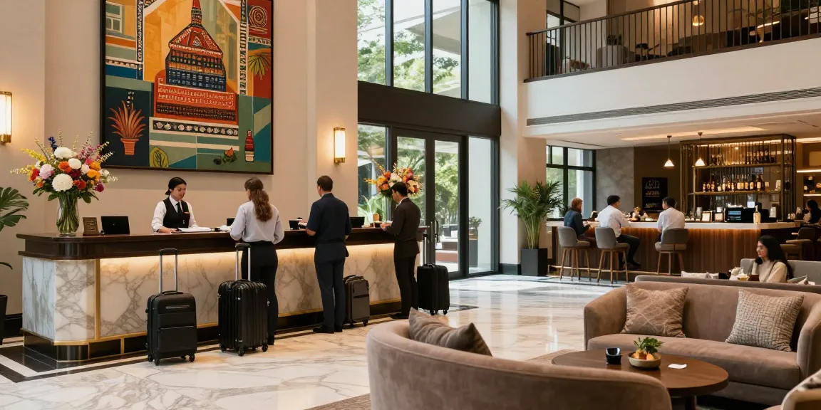 rokok88 luxury hotel lobby with guests checking in and friendly staff