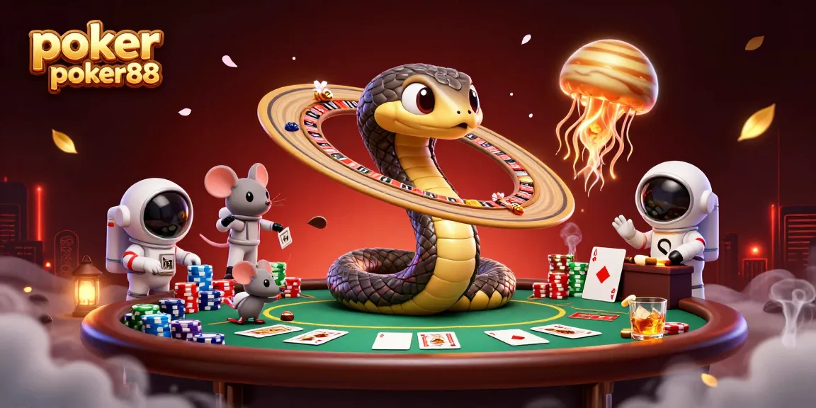 Betting on poker online poker88 in a fantastical casino scene with a cosmic dealer and vibrant elements.