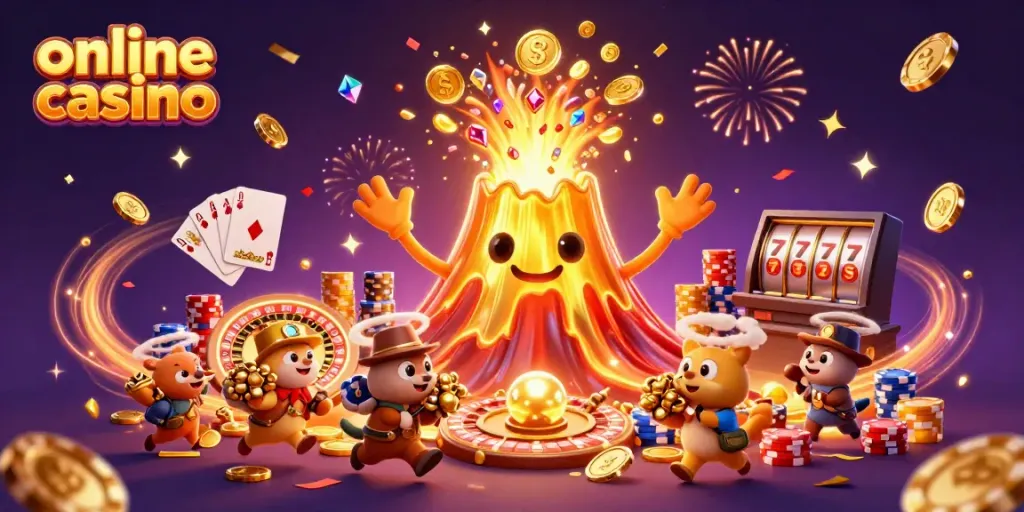 Experience the exuberance of an online casino with vibrant characters and dynamic elements illustrating games.