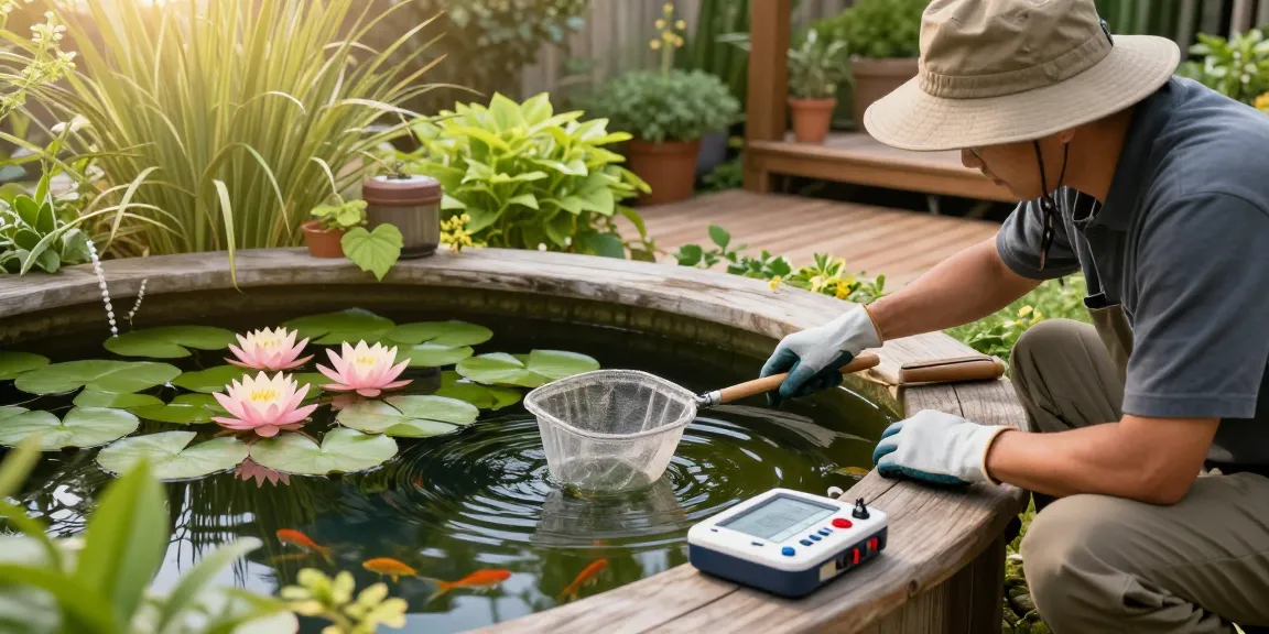 Pond expert near me maintaining a serene backyard pond with water plants and fish.