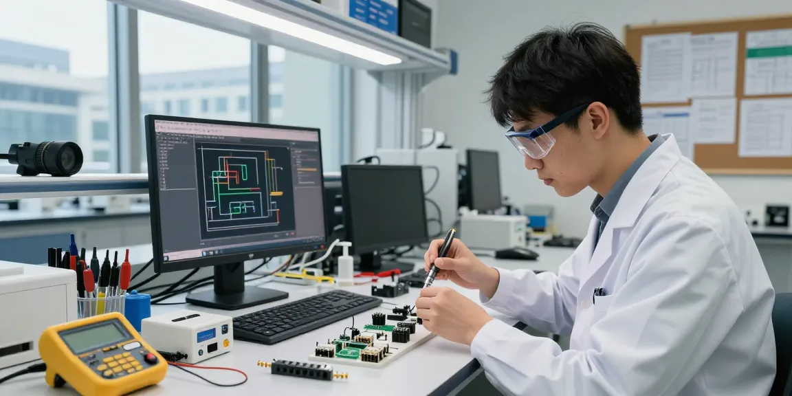 Engineer assembling IEC connectors in a modern lab with tools and electronic components