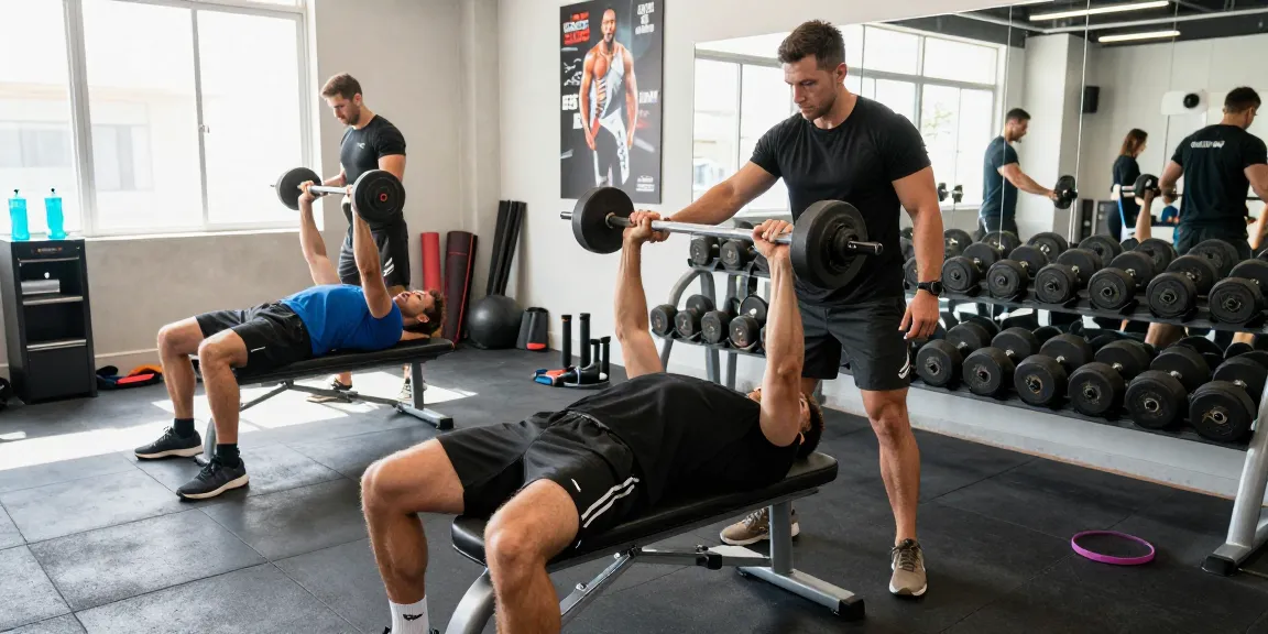 The Official Prime Pharma Steroid Shop athlete bench pressing in a vibrant fitness studio.