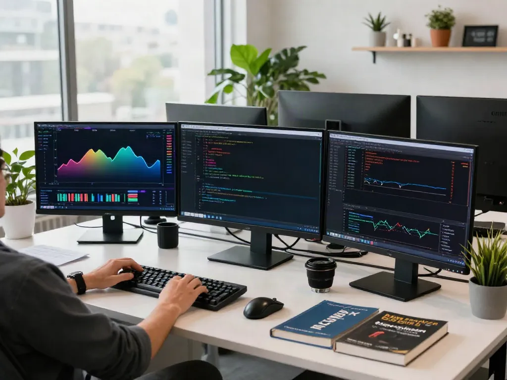 HK stock API Python integrated in dynamic trading environment with multi-screen data analysis setup.