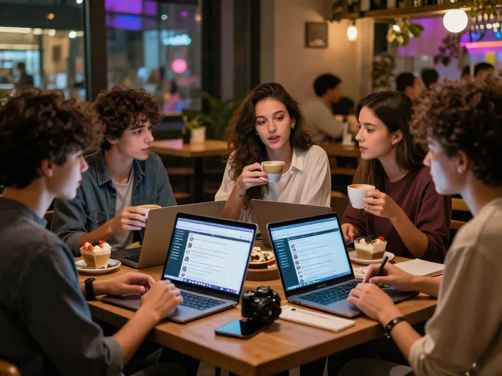 Young adults discussing onlyfans leaks at a cozy urban cafe, surrounded by laptops and trendy decor.