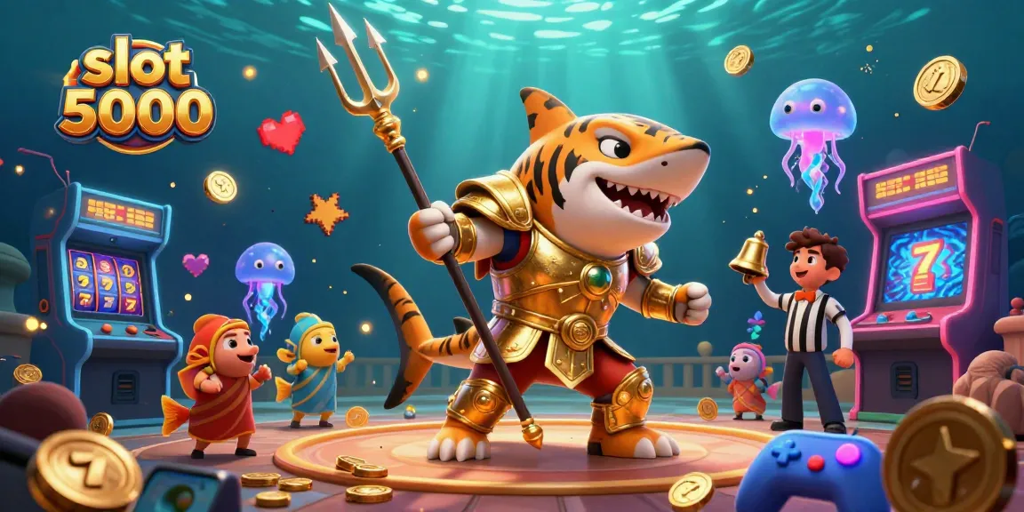 Experience the excitement of slot 5000 with a vibrant underwater casino scene featuring a gladiator shark and lively game elements.