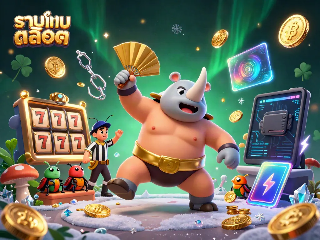 Experience thrilling slot gameplay while joining a sumo champion beetle surrounded by vibrant casino elements, including รวมเกมสล็อต.