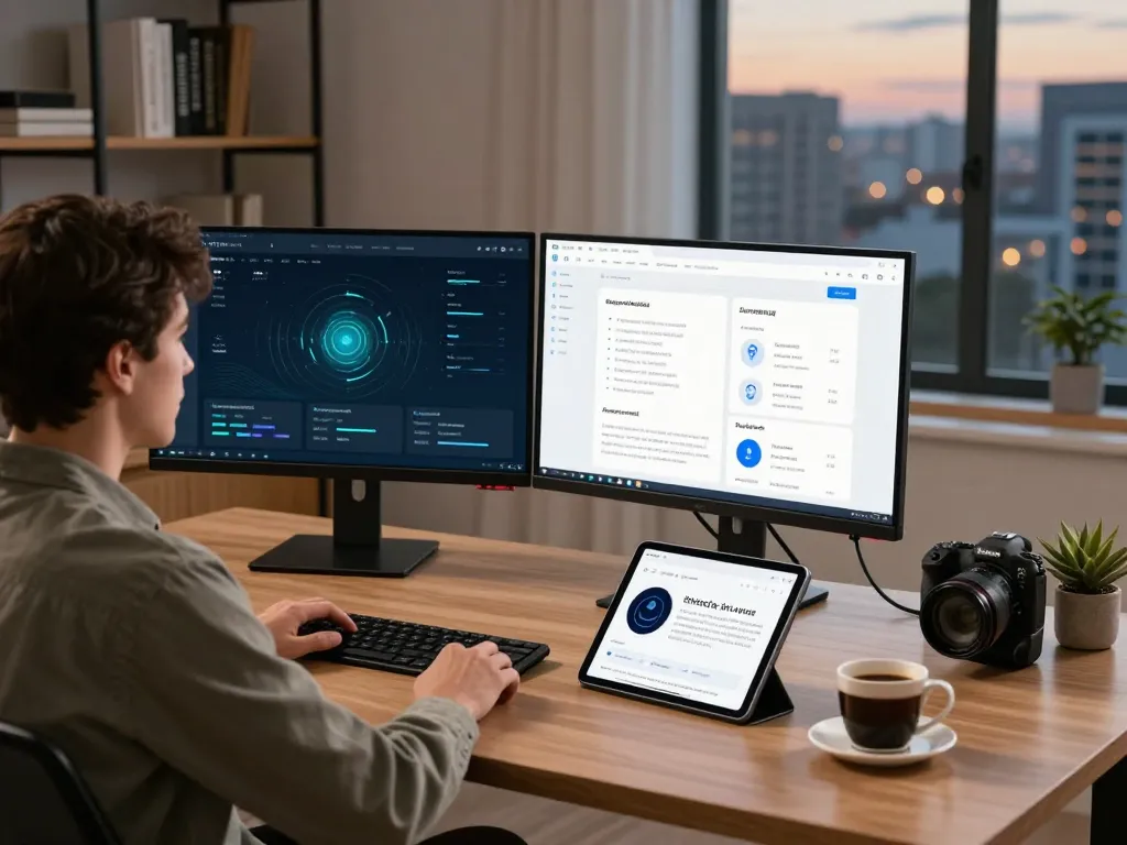 快连 application in use on dual screens, showcasing fast connectivity and security features for seamless online experiences.