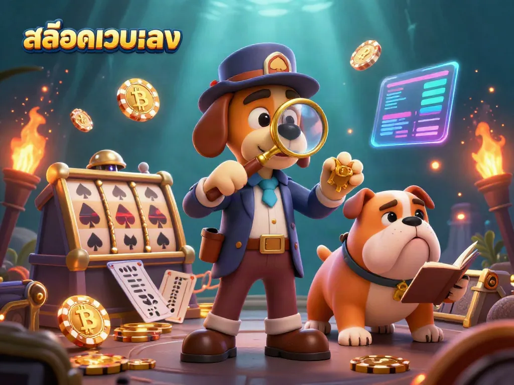 Engage with สล็อตเว็บตรง through a captivating 3D illustration of a detective and bulldog exploring casino clues.