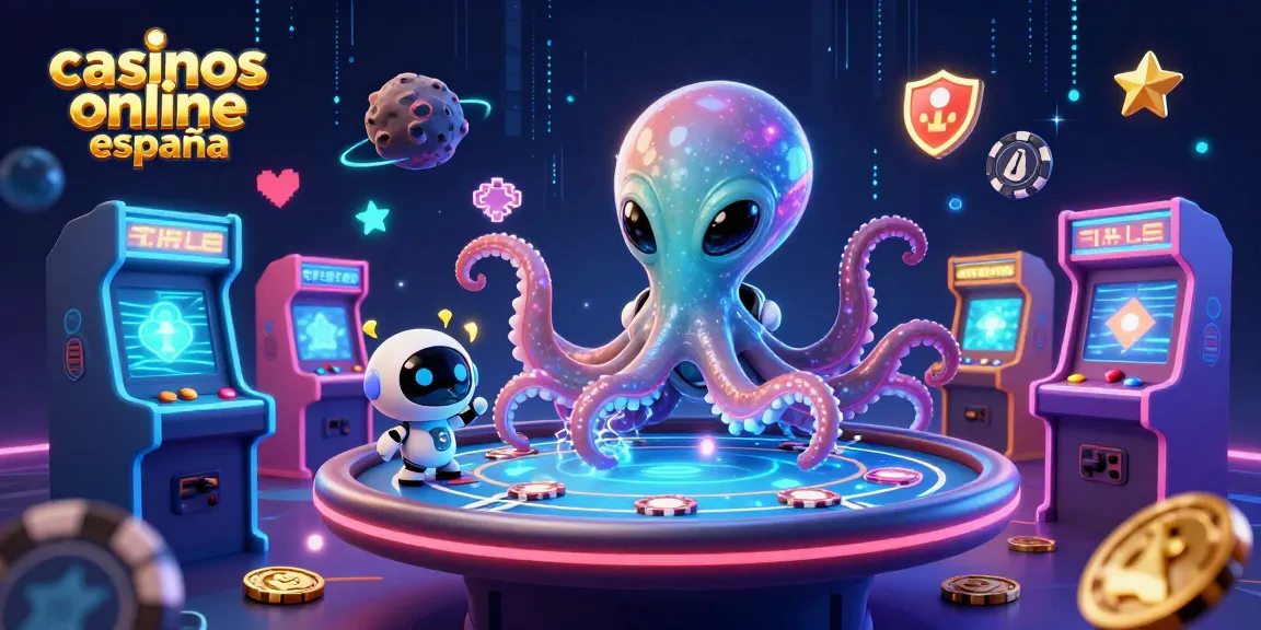 Juega en los mejores casinos online España con esta imagen vibrante de un pulpo alienígena y un robot lleno de diversión