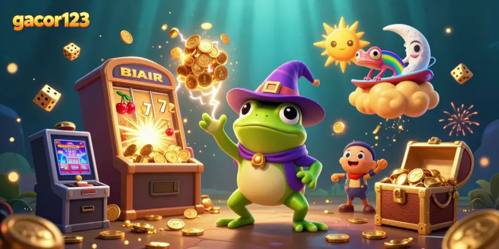 Engage with gacor123 as the wizard frog conjures golden coins amidst a dynamic casino scene.