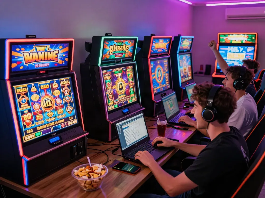 Pengalaman bermain slot777 yang seru dengan pemain bersemangat dan mesin slot digital penuh warna.