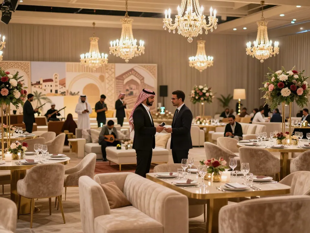 Event rental KSA setup with luxurious furnishings and décor in an elegant hall.