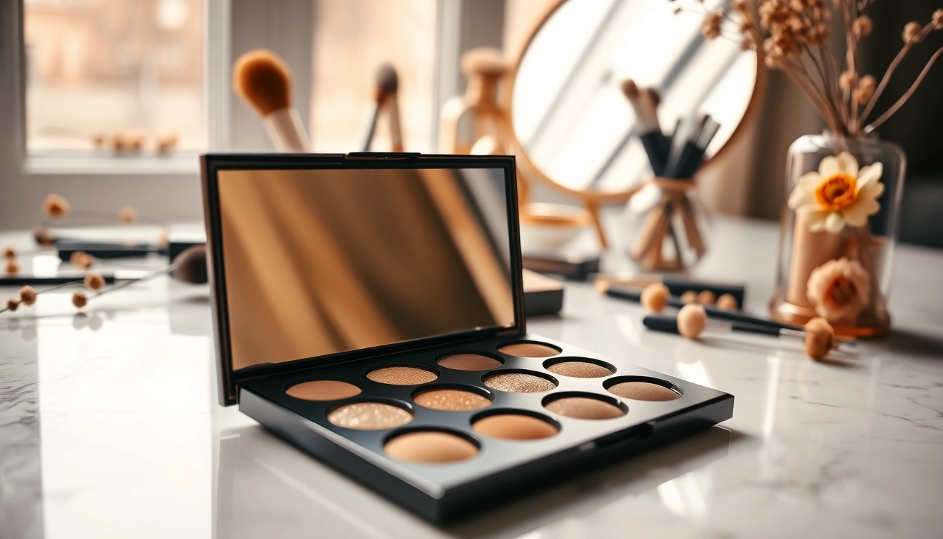 Applying champagne eyeshadow from a stunning palette in a beautifully styled makeup setup.