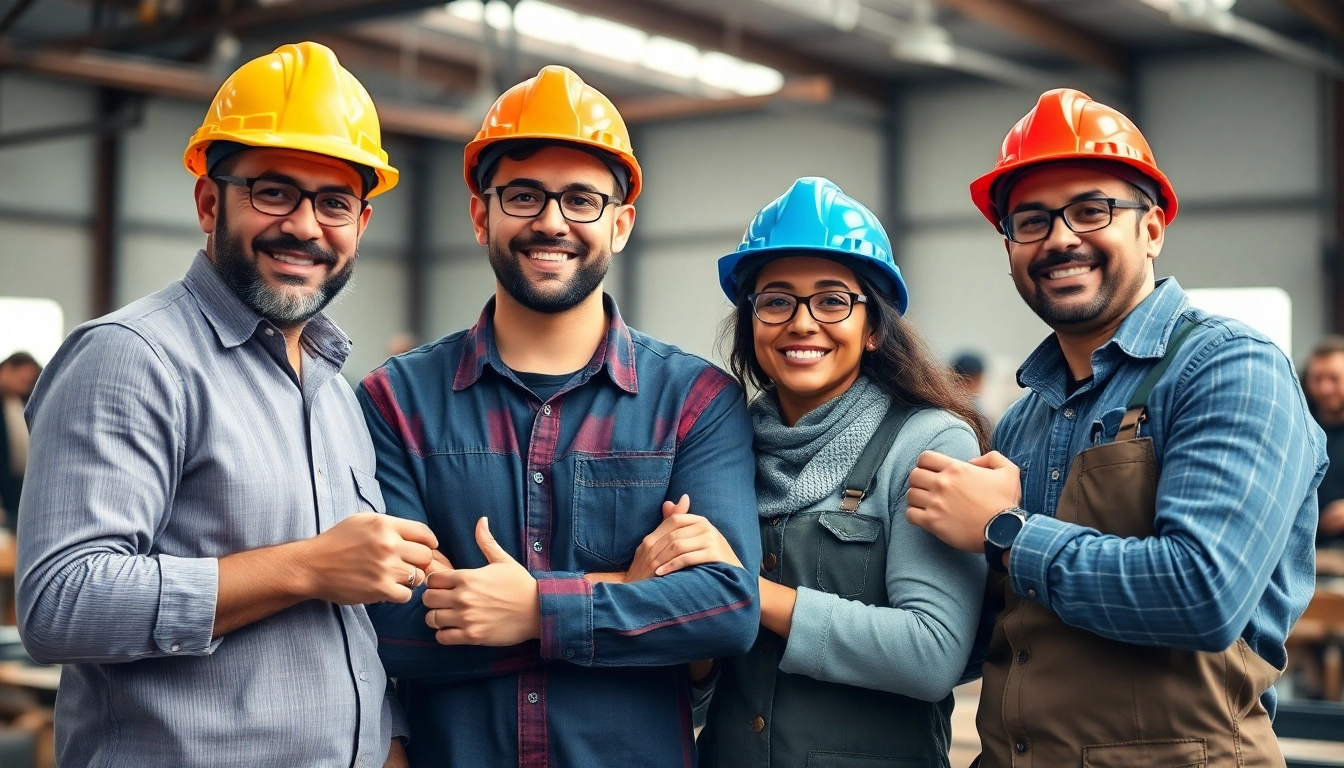 Gorras de trabajo utilizadas por profesionales en un entorno colaborativo y alegre.