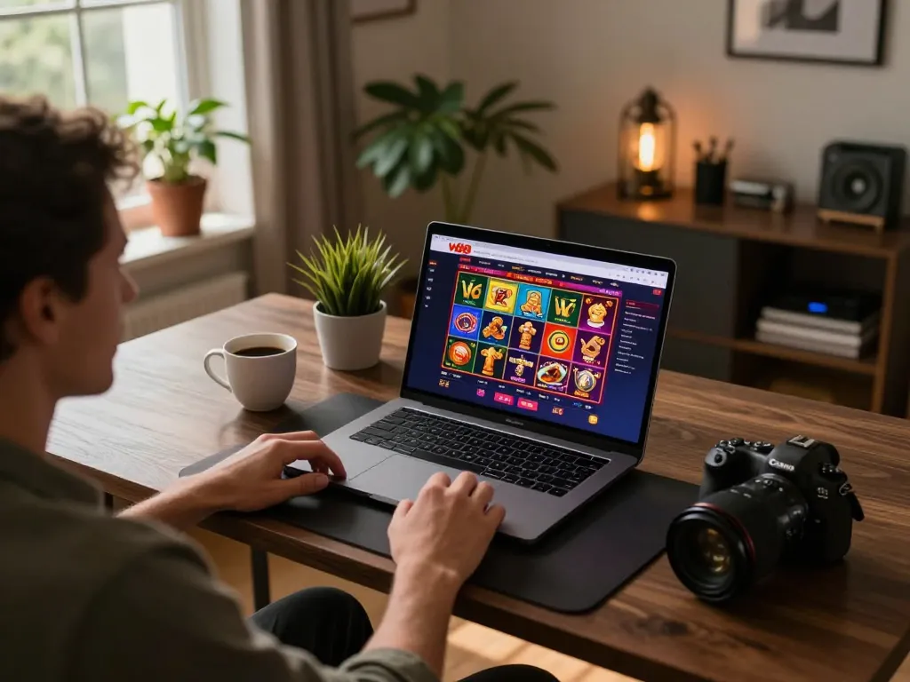 Enjoying a thrilling session on W 88 online casino while focusing on responsible gaming in a cozy home.