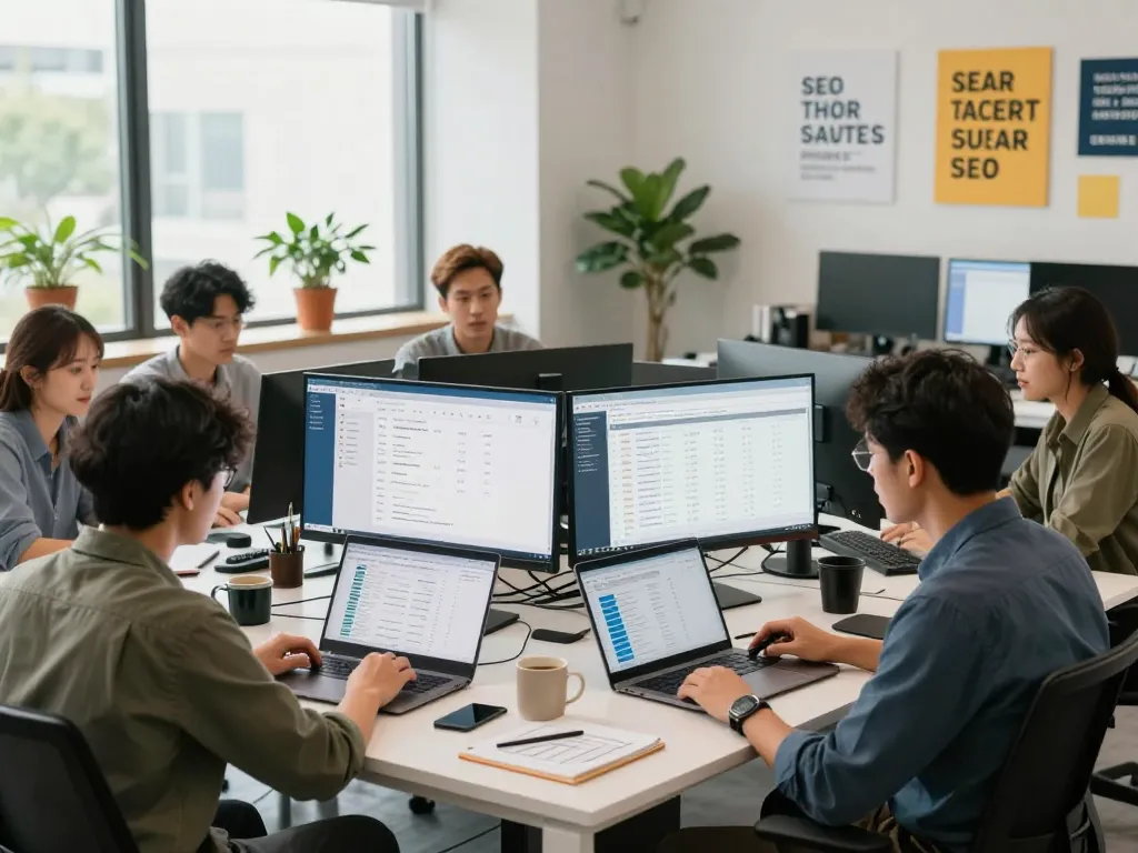 Team of SEO specialists working collaboratively in a modern office, showcasing NYC SEO Company expertise.